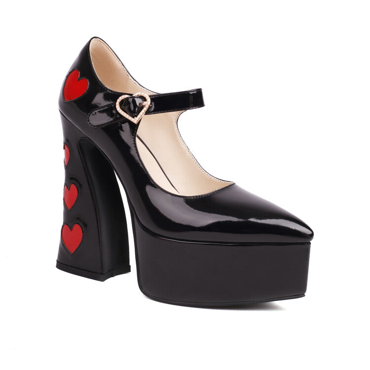 Pearls Love Hearts Spool Heel Mary Jane Platform Pumps for Women