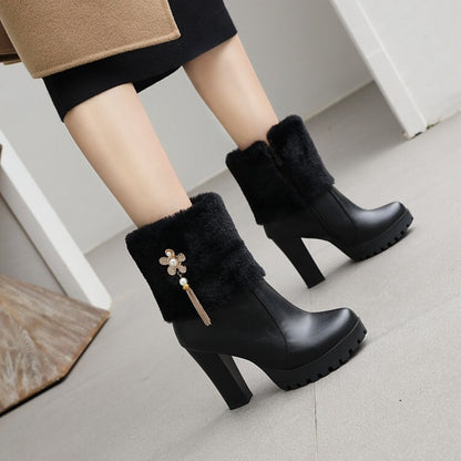 Round Toe Fold Fur Rhinestone Flowers Block Chunky Heel Platform Short Boots for Women