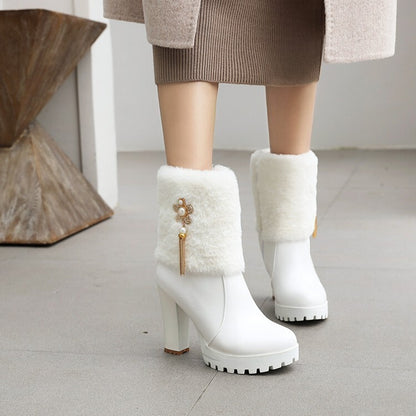 Round Toe Fold Fur Rhinestone Flowers Block Chunky Heel Platform Short Boots for Women