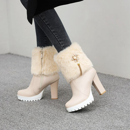 Round Toe Fold Fur Rhinestone Flowers Block Chunky Heel Platform Short Boots for Women