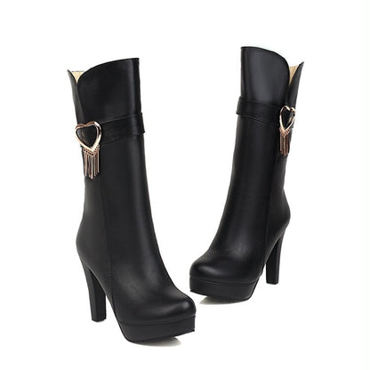 Love Hearts Buckles Tassel Block Chunky Heel Platform Mid-Calf Boots for Women