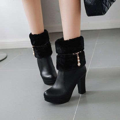 Booties Fur Fold Block Chunky Heel Platform Short Boots for Women