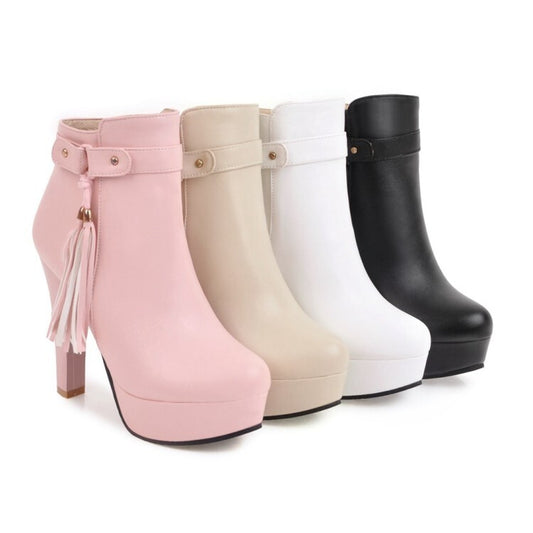 Booties Tassel Side Zippers Block Chunky Heel Platform Short Boots for Women