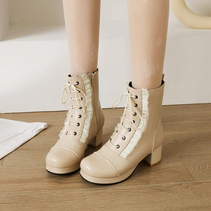 Booties Lolita Lace Lace-Up Block Chunky Heel Platform Short Boots for Women