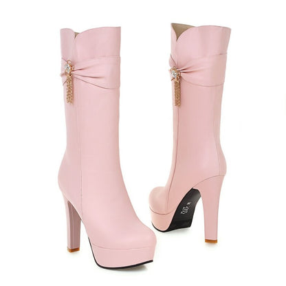 Round Toe Rhinestone Flowers Block Chunky Heel Platform Mid-Calf Boots for Women