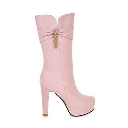 Round Toe Rhinestone Flowers Block Chunky Heel Platform Mid-Calf Boots for Women