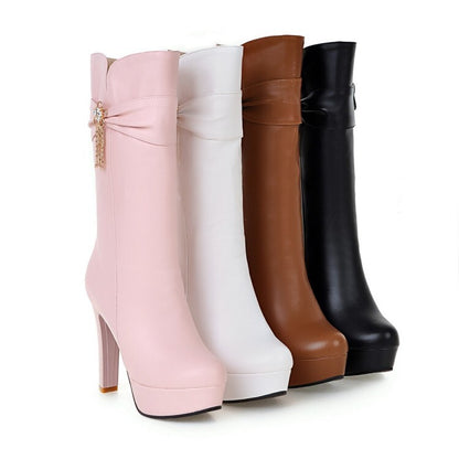 Round Toe Rhinestone Flowers Block Chunky Heel Platform Mid-Calf Boots for Women