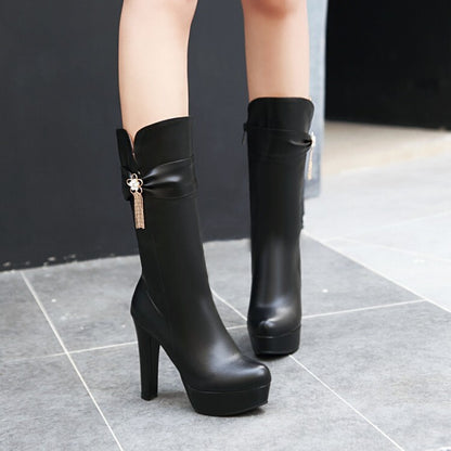 Round Toe Rhinestone Flowers Block Chunky Heel Platform Mid-Calf Boots for Women