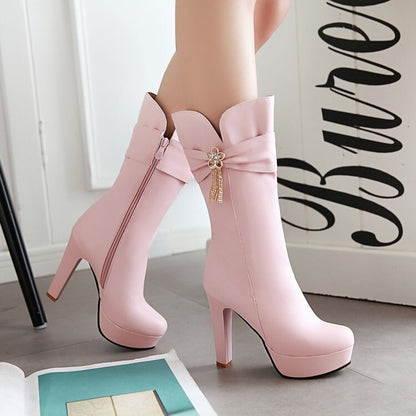 Round Toe Rhinestone Flowers Block Chunky Heel Platform Mid-Calf Boots for Women