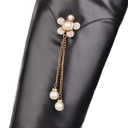 Round Toe Pearls Flowers Spool Heel Platform Knee High Boots for Women