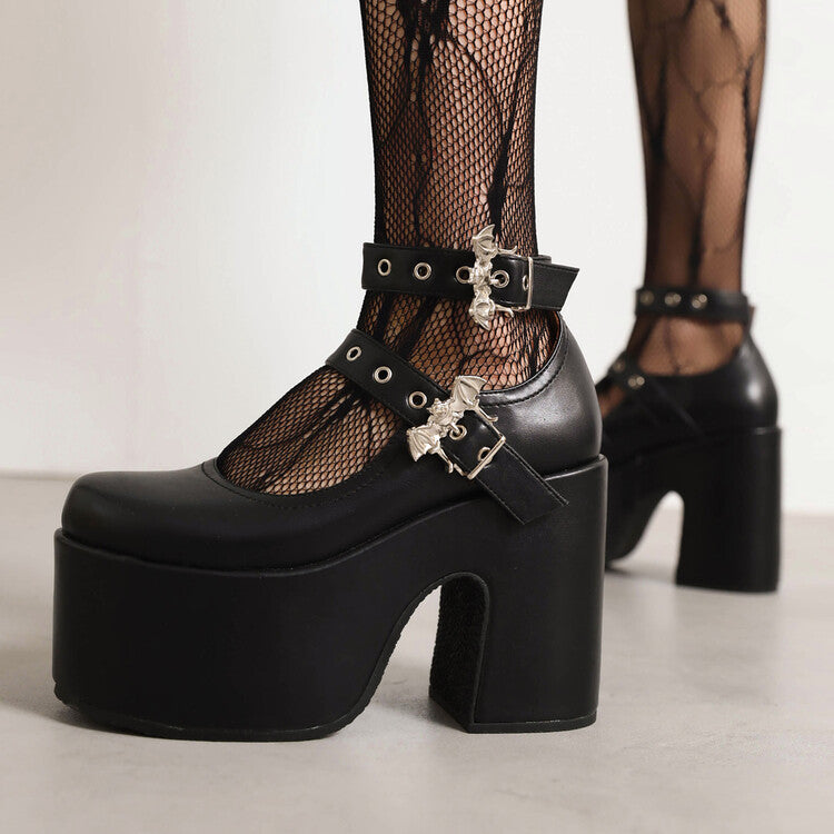 Buckle Block Heel Mary Jane Platform Pumps for Women