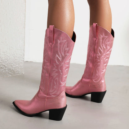 Cowboy Pointed Toe Beveled Heel Embroidery Mid Calf Western Boots for Women