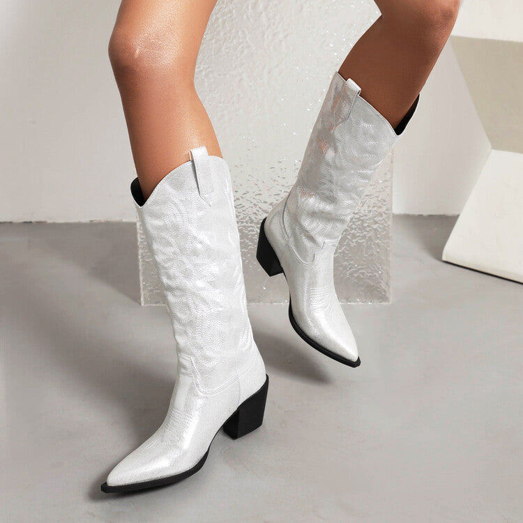 Cowboy Pointed Toe Beveled Heel Embroidery Mid Calf Western Boots for Women