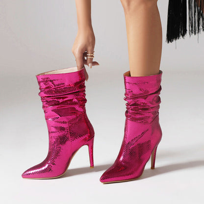 Pointed Toe Patent Stiletto Heel Mid Calf Boots for Women