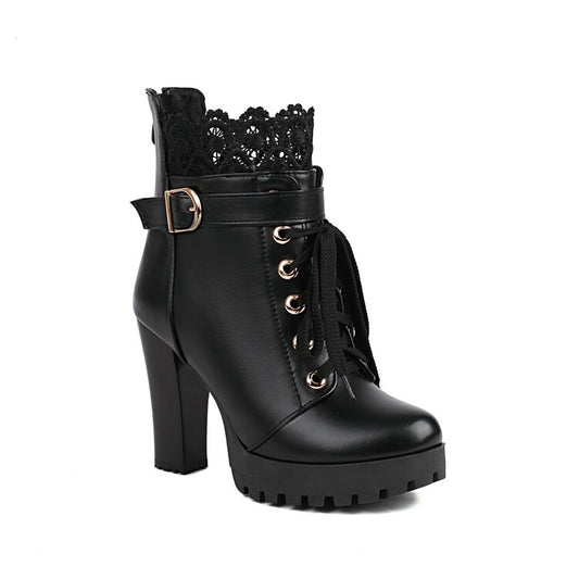 Booties Round Toe Lace Lace-Up Block Chunky Heel Platform Short Boots for Women