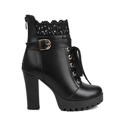 Booties Round Toe Lace Lace-Up Block Chunky Heel Platform Short Boots for Women