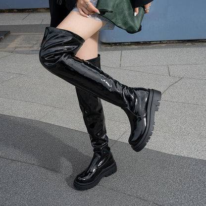 Glossy Round Toe Thick Heel Platform Over the Knee Boots for Women