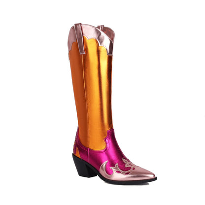 Pointed Toe Beveled Heel Glossy Mid Calf Western Boots for Women