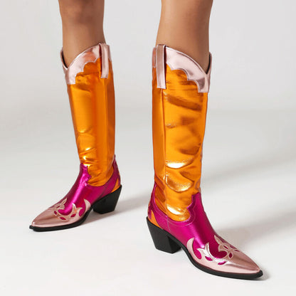 Pointed Toe Beveled Heel Glossy Mid Calf Western Boots for Women