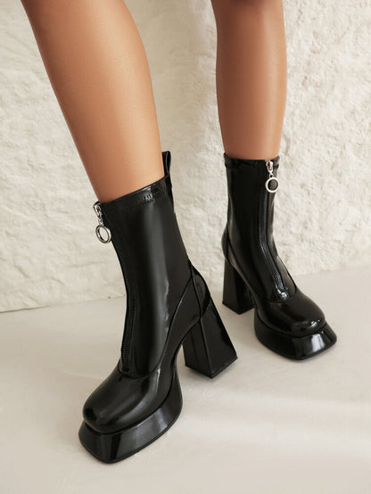 Booties Glossy Zippers Chunky Heel Platform Short Boots for Women