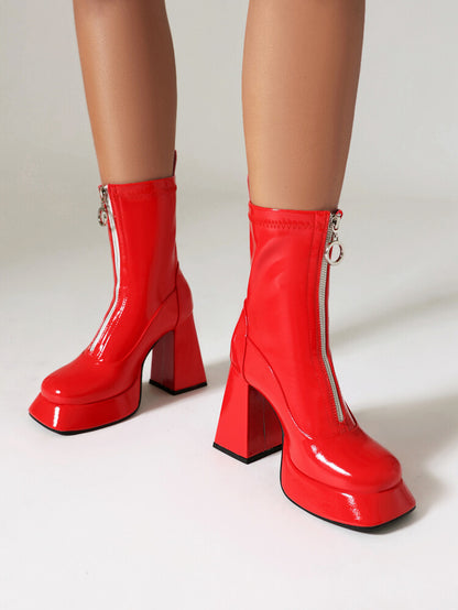 Booties Glossy Zippers Chunky Heel Platform Short Boots for Women