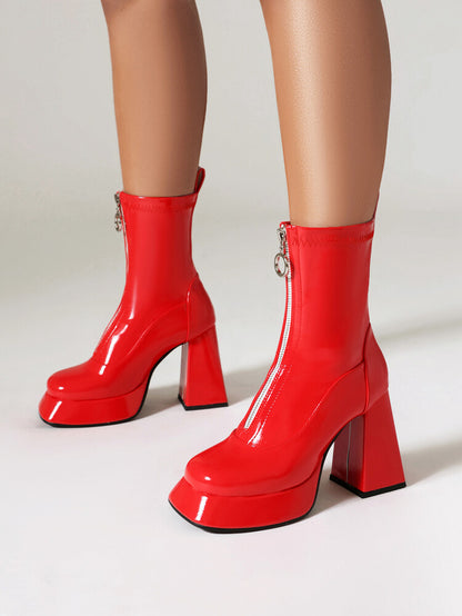 Booties Glossy Zippers Chunky Heel Platform Short Boots for Women