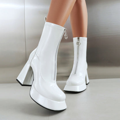 Booties Glossy Zippers Chunky Heel Platform Short Boots for Women