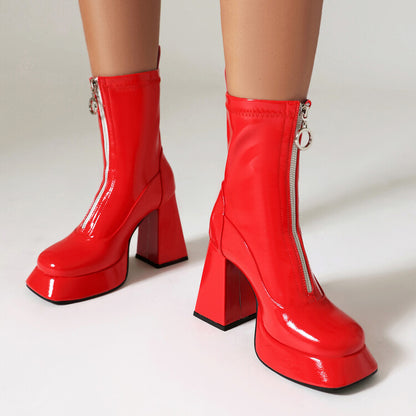 Booties Glossy Zippers Chunky Heel Platform Short Boots for Women