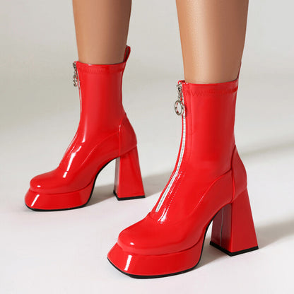 Booties Glossy Zippers Chunky Heel Platform Short Boots for Women