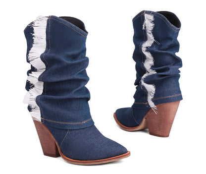 Western Cowboy Fold Pointed Toe Beveled Heel Mid-Calf Boots for Women