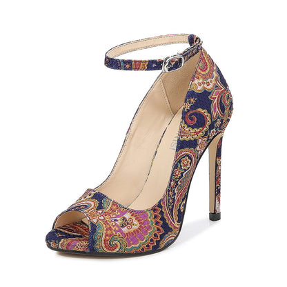 Ladies Peep Toe Embroidery Flora Shallow Stiletto Heel Pumps