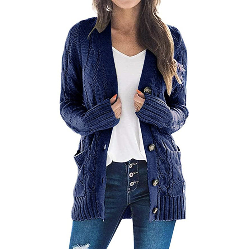 Cardigans Kniting Plain Twist Buttons Pockets Long Sleeves for Women