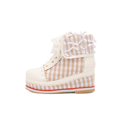 Women's Patchwork Lace-Up Round Toe Wedge Platform Short Boots