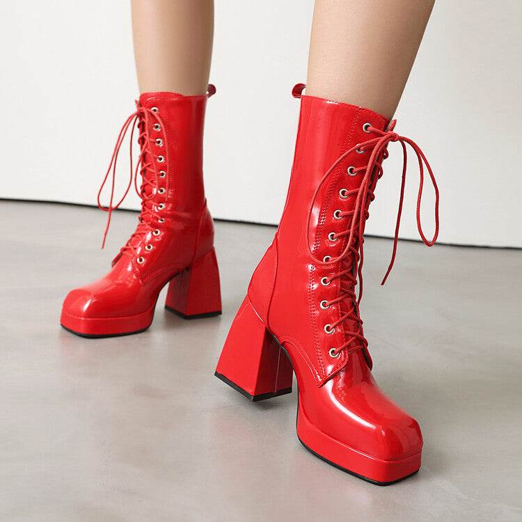 Women's Glossy Lace-Up Square Toe Block Heel Platform Short Boots