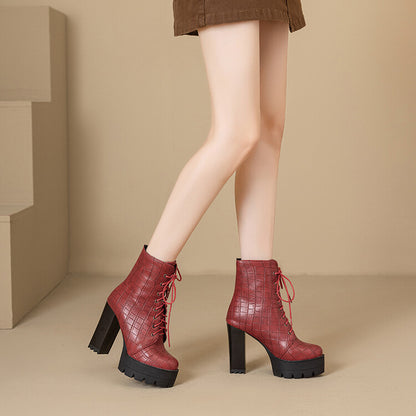 Women's Plush Lace-Up High Heel Platform Short Boots