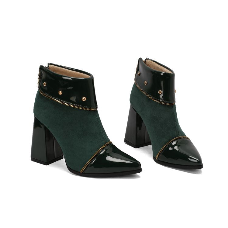 Women's Glossy Rivets Pointed Toe Block Heel Ankle Boots