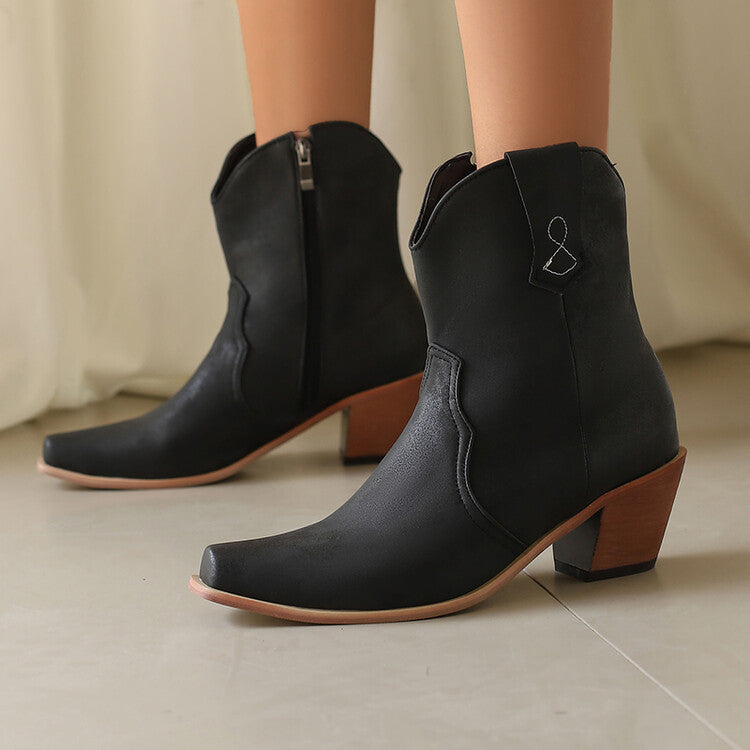 Women's Patchwork Pointed Toe Block Heel Ankle Western Boots