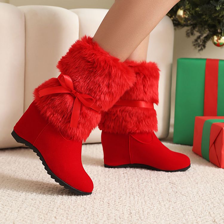 Women's Patchwork Bows Wedge Heel Short Boots