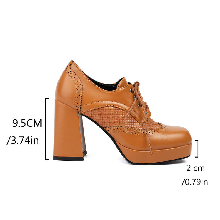 Women's Square Toe Shoelace Platform Square High Heels Shoes