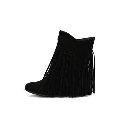 Women's Tassel Round Toe Wedge Heel Short Boots