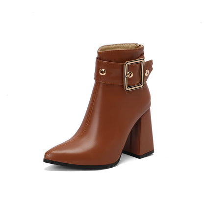 Women's Buckle Strap Pointed Toe Square Heel Ankle Boots