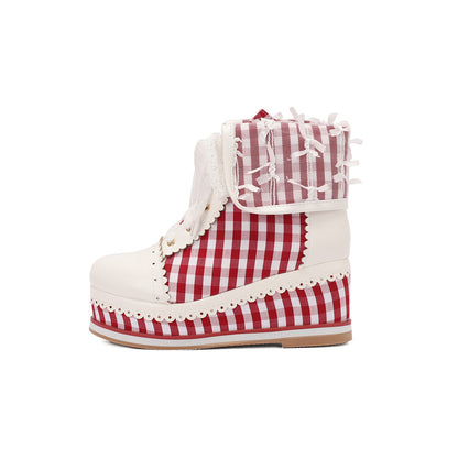 Women's Patchwork Lace-Up Round Toe Wedge Platform Short Boots