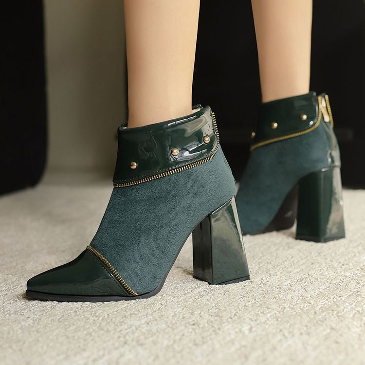 Women's Glossy Rivets Pointed Toe Block Heel Ankle Boots