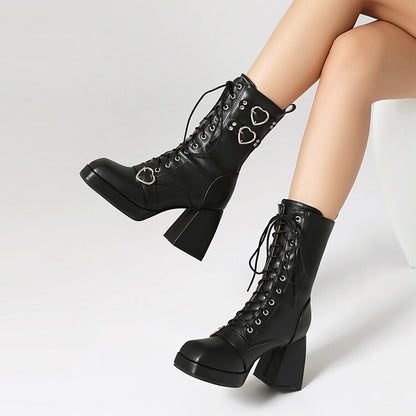 Women's Love Heart Buckle Square Toe Block Heel Platform Short Boots