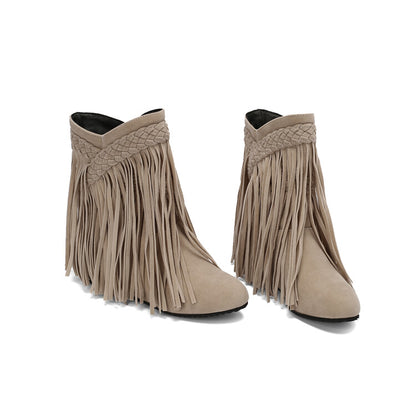 Women's Tassel Round Toe Wedge Heel Short Boots