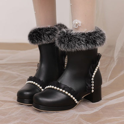 Women's Beads Round Toe Block Heel Platform Short Boots