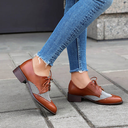 Women's Lace Up Color Blocking Brogues Low Heel Derby Shoes