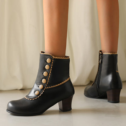 Women's Patchwork Rivets Round Toe Block Heel Ankle Boots