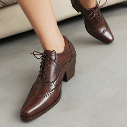 Women's Pointed Toe Lace Up Block Heel Oxfords Shoes