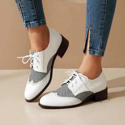 Women's Lace Up Color Blocking Brogues Low Heel Derby Shoes